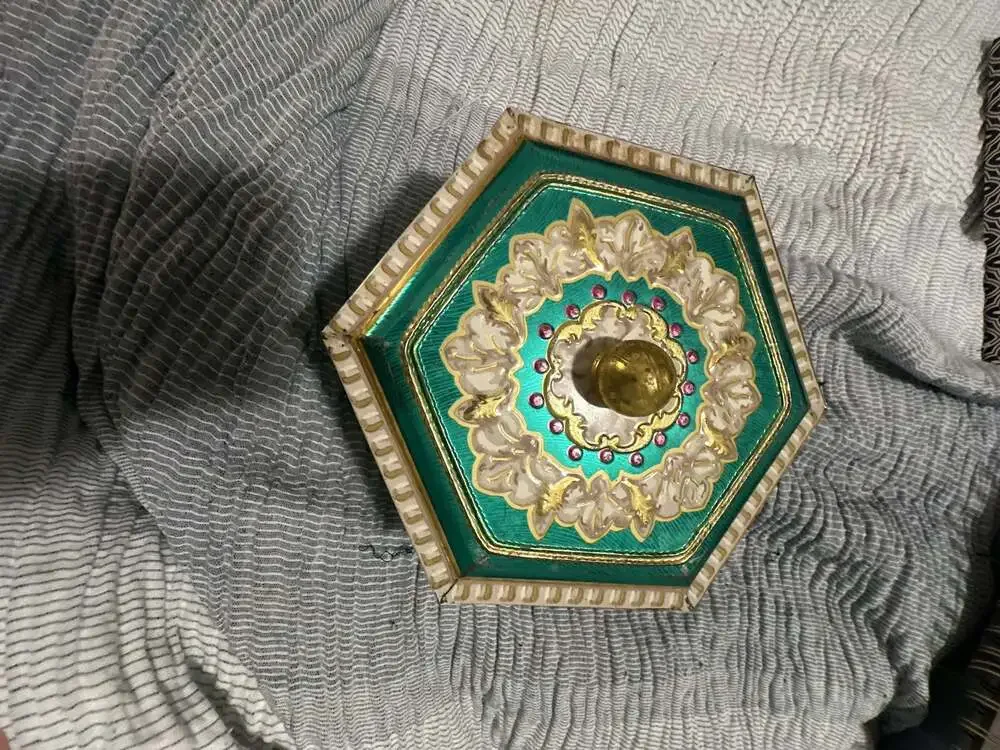 Vintage Baret  England Hexagonal Metal Storage Tin with Floral Gold and Green